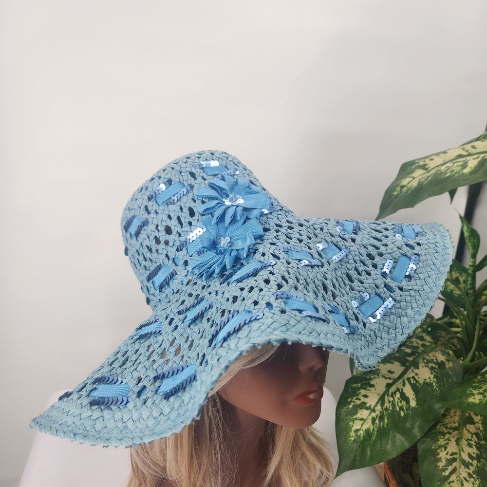 Betmar NY V3223 Paper Braid Wide Brim Sun Hat Vintage Y2K Floral Sequins Floppy